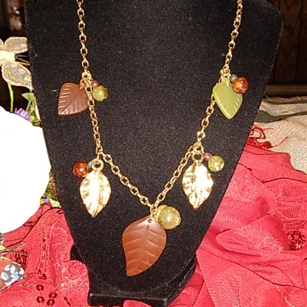 Earth tones and gold fall leaves necklace